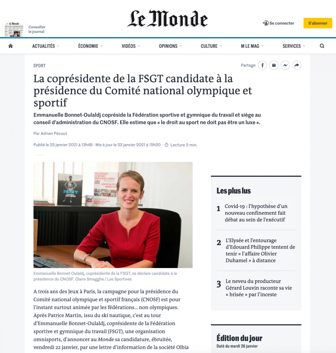 "La coprésidente de la FSGT candidate à la présidence du CNOSF" Le Monde 